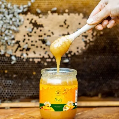Honey jar with printed honey label Honey jar with printed honey label