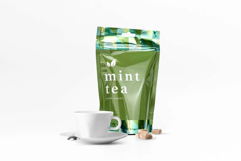 Green stand up pouches for peppermint tea Green stand up pouches for peppermint tea