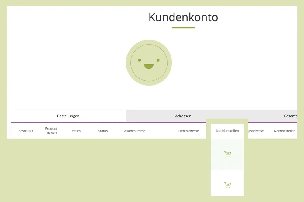 Screenshot of a customer account showing order overview and reorder icon Screenshot of a customer account showing order overview and reorder icon