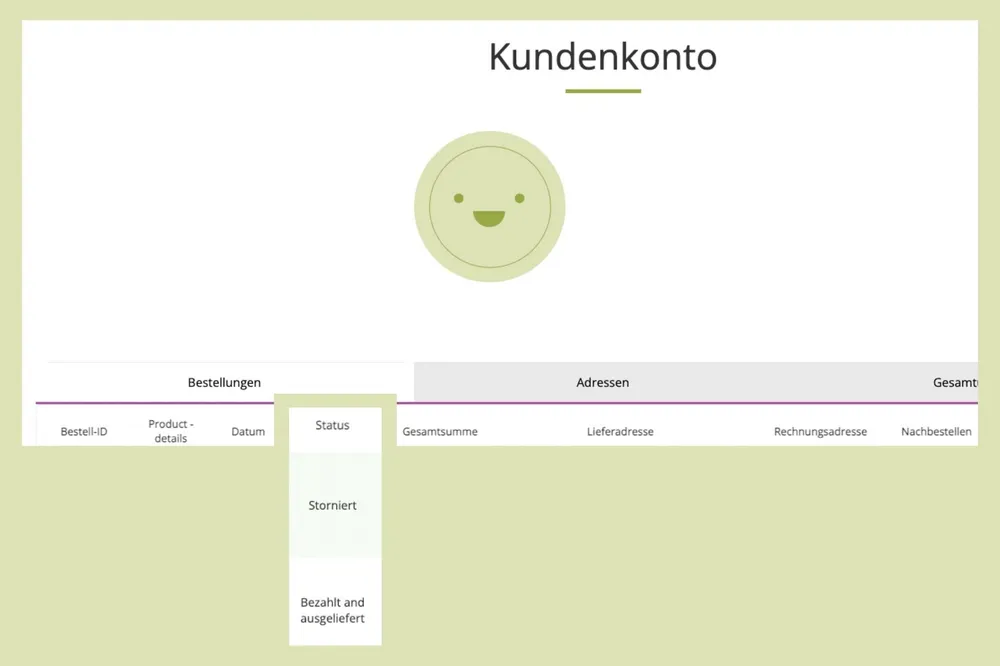 Screenshot of a customer account showing order overview and green smiley icon Screenshot of a customer account showing order overview and green smiley icon