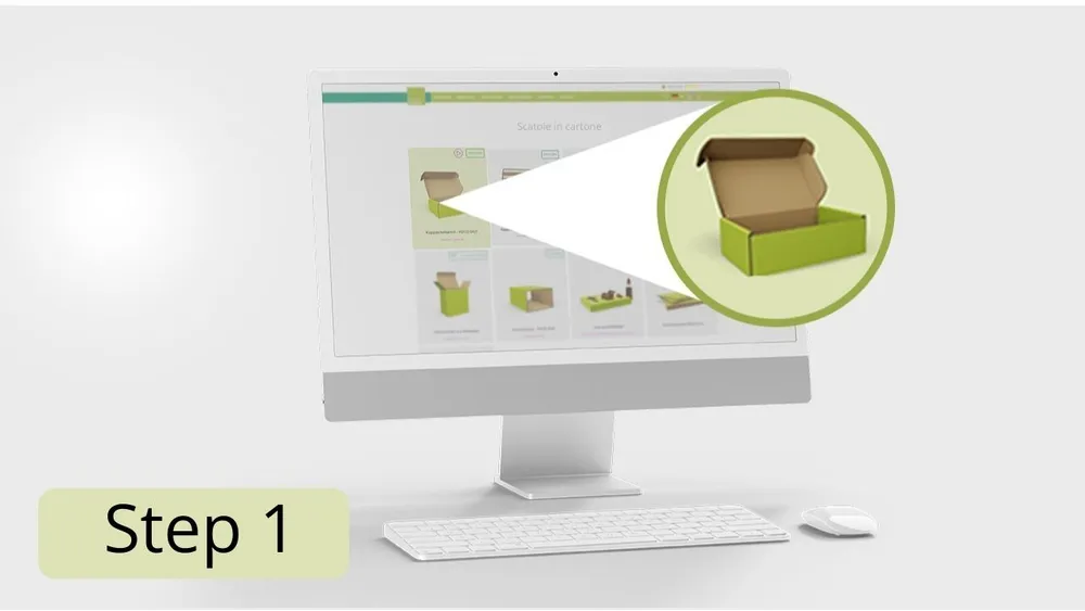 Infografica: Processo d'ordine step 1 scatola di cartone Infografica: Processo d'ordine step 1 scatola di cartone